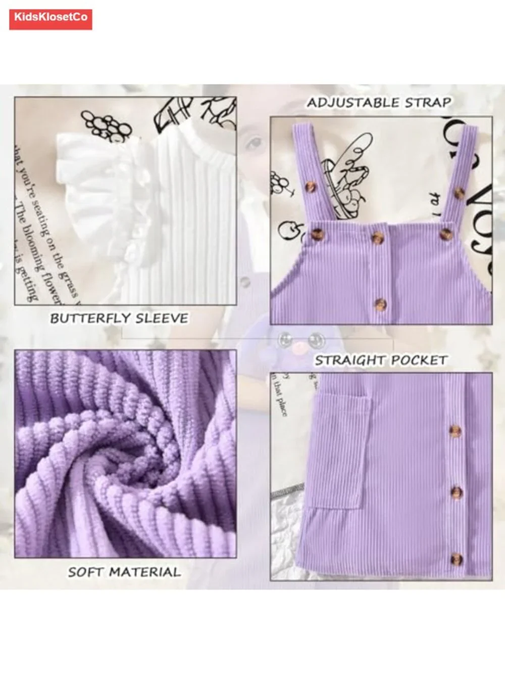 Toddler Girl Butterfly Sleeve Tee Corduroy Overalls Dress Set 2-Piece